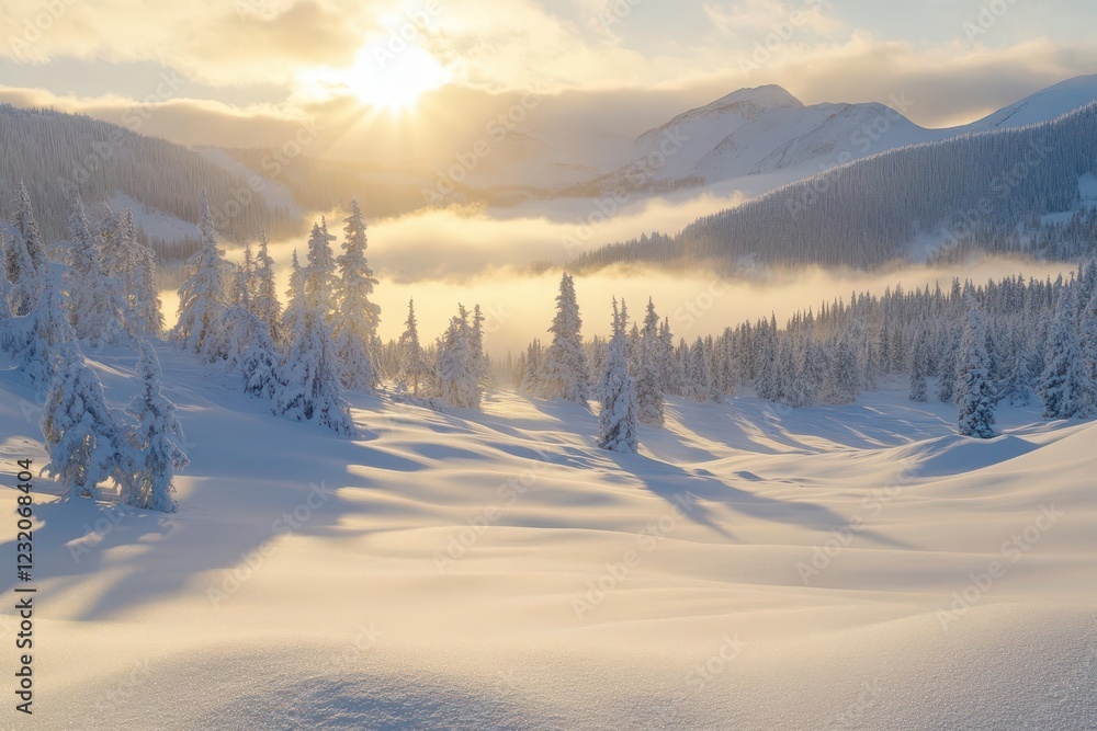 ethereal alpine landscape bathed in golden dawn light, misty peaks pierce through rolling clouds, pristine snow creates dramatic shadows ethereal alpine landscape bathed in golden dawn light, misty peaks pierce through rolling clouds, pristine snow creates dramatic shadows