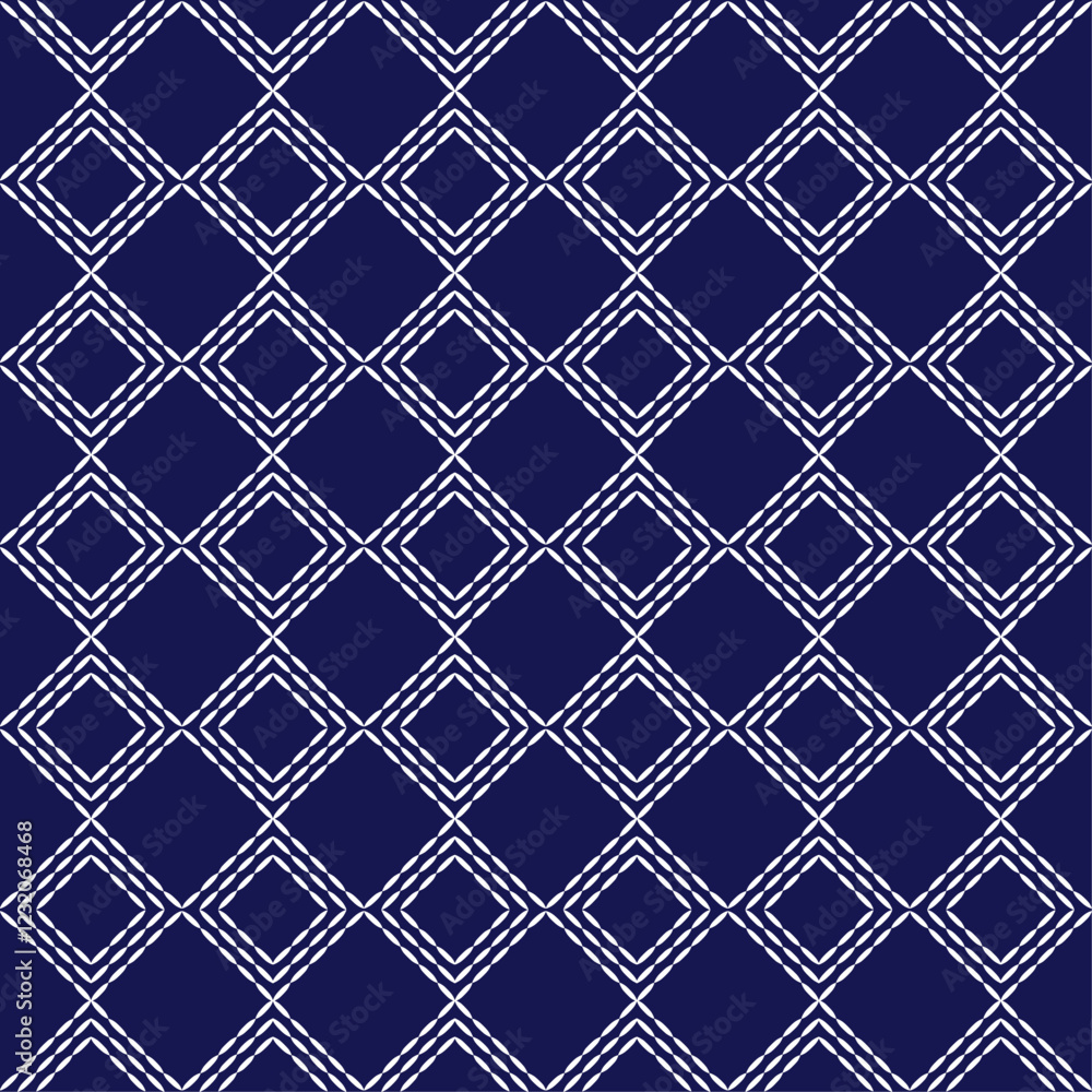 Naklejka premium Japanese stitch Sashiko embroidery indigo white abstract artwork seamless geometric pattern printed background fabric wallpaper hand drawn line