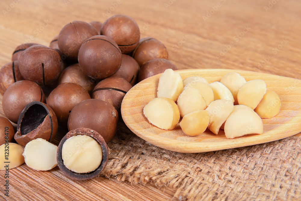 Discovering the Rich Taste of Macadamia Nuts on a Rustic Wooden Surface Discovering the Rich Taste of Macadamia Nuts on a Rustic Wooden Surface