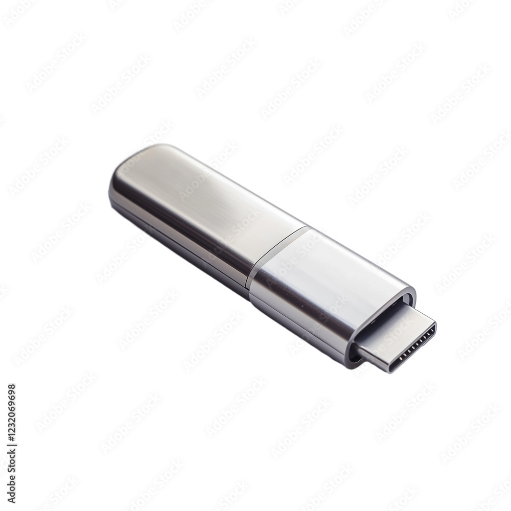 USB-C flash drive with metallic finish isolated on white transparent background