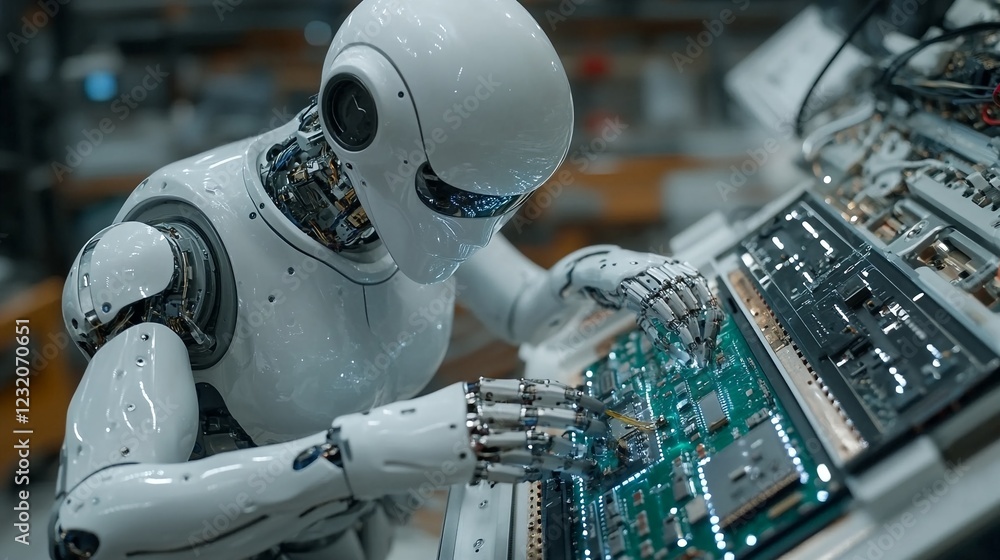 Fototapeta premium A white robot is shown from two different angles.