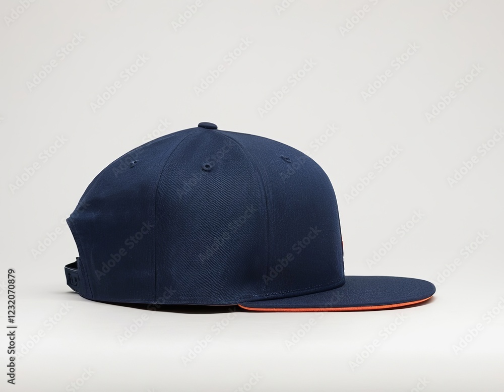 Fototapeta premium Stylish navy blue baseball cap with orange accents and a flat brim.