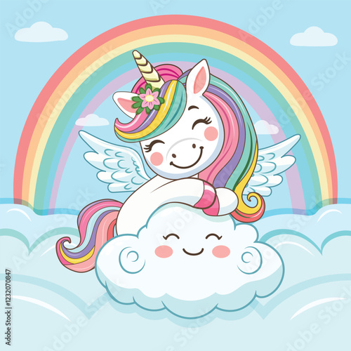 Cute humble unicorn with horn, wings and with a rainbow, hugs cloud. Poster, Banner, Flyer, Greeting Card. Vector illustration in flat cartoon style