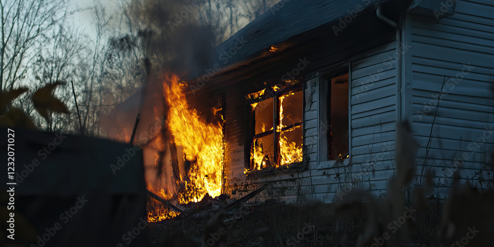 Fototapeta premium Nighttime House Fire with Visible Flames