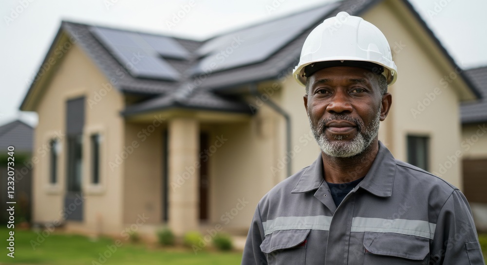 African american male solar panel installer stands in front of an energy autonomous house, a renewable energy concept African american male solar panel installer stands in front of an energy autonomous house, a renewable energy concept