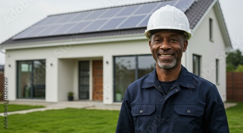 African american male solar panel installer stands in front of an energy autonomous house, a renewable energy concept