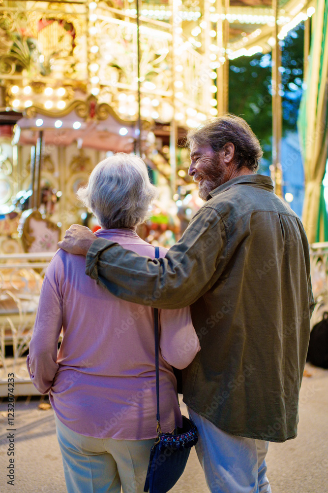 Obraz premium Happy senior couple enjoying amusement park carousel ride at sunset