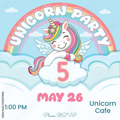 Birthday party invitation template with cute unicorn hugs cloud with number 5. Vector illustration.