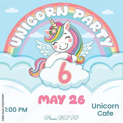 Birthday party invitation template with cute unicorn hugs cloud with number 6. Vector illustration.