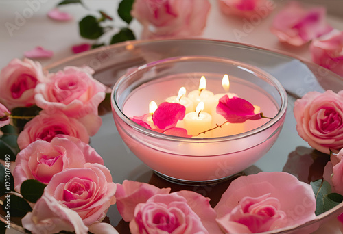 aesthetic pink flower and candle composition
