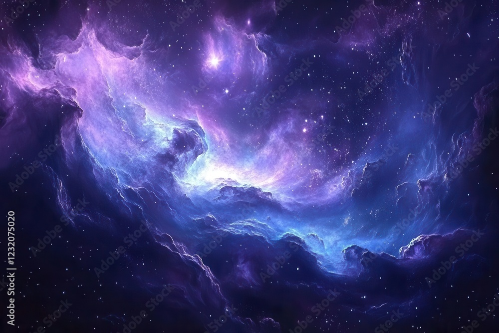 Fototapeta premium ethereal cosmic nebula swirling with bioluminescent blues and purples, featuring spiral arms of stardust, distant galaxies, and shimmering celestial bodies in deep space