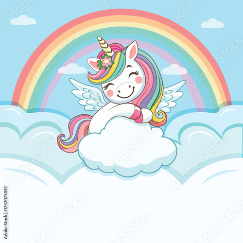 Birthday party invitation template with cute unicorn hugs cloud. Vector illustration.