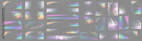 Crystal rays of light, prism refraction, lens flare, crystal glass reflection effect. Prism vector, realistic light leak effect with spectral flare. Bright light banner, poster, template.