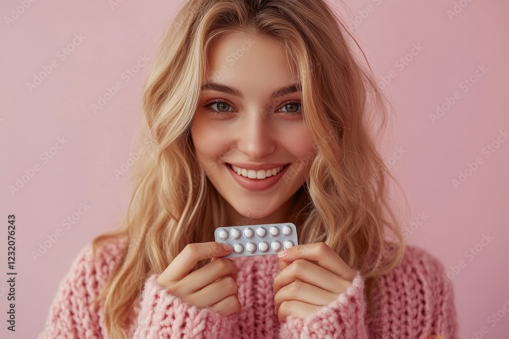 young female holding birth control pills