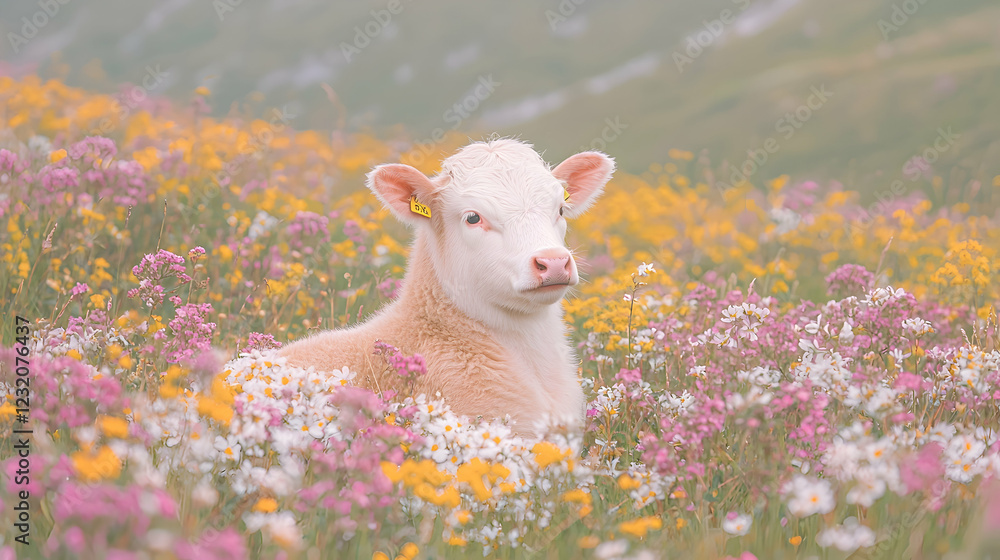 Fototapeta premium Calf rests in alpine meadow wildflowers