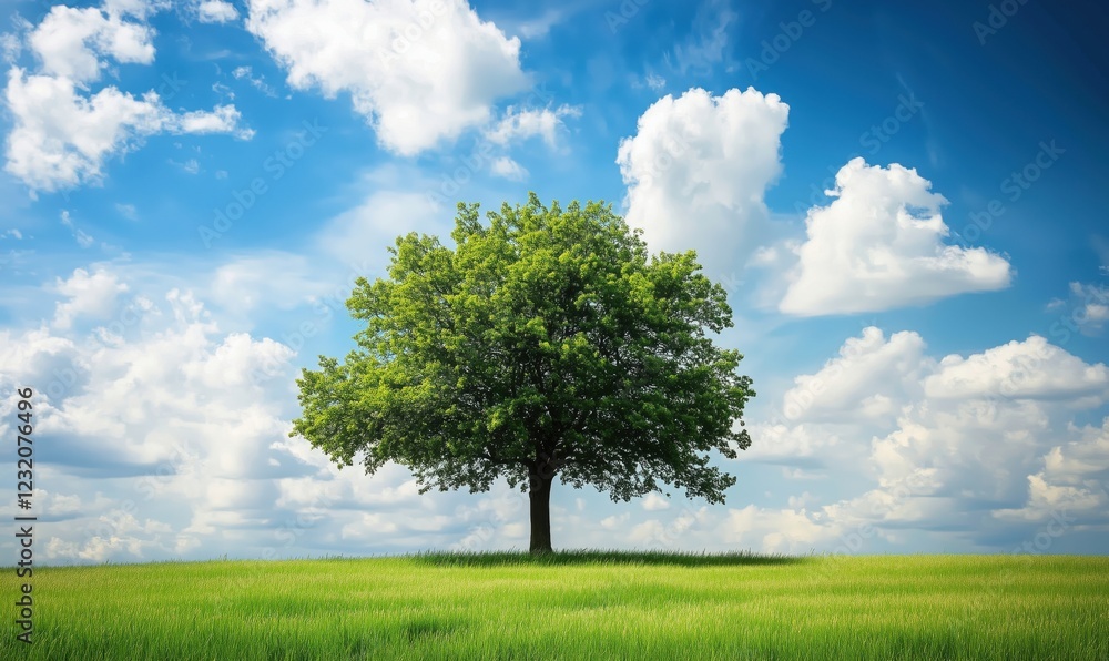 Lush green tree standing alone in vibrant grassy field under bright blue sky with fluffy white clouds Lush green tree standing alone in vibrant grassy field under bright blue sky with fluffy white clouds