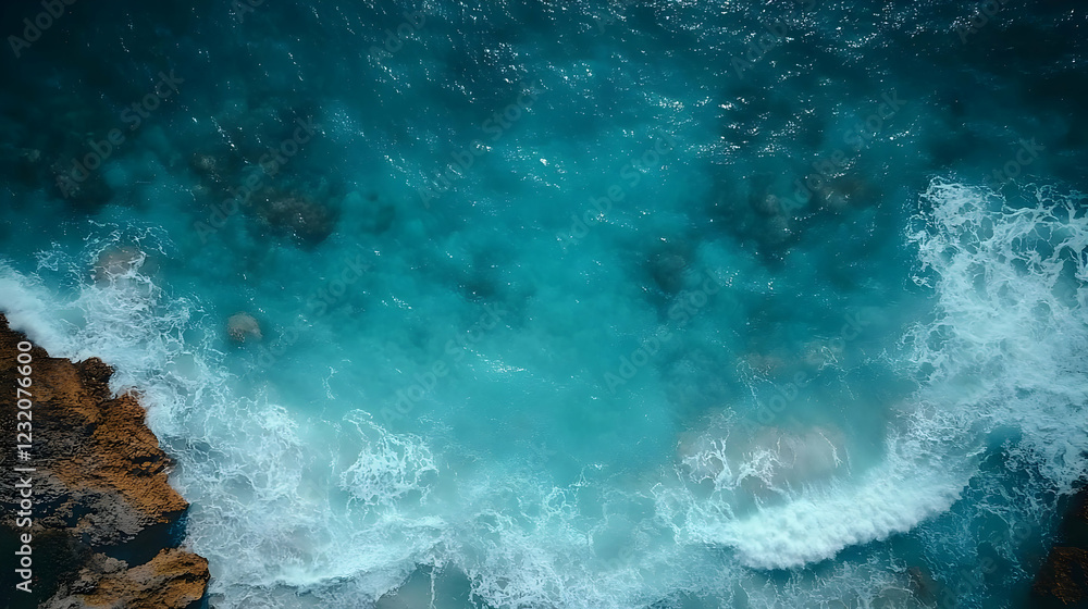 Obraz premium Aerial View of Turquoise Ocean Waves Crashing on Rocky Shore