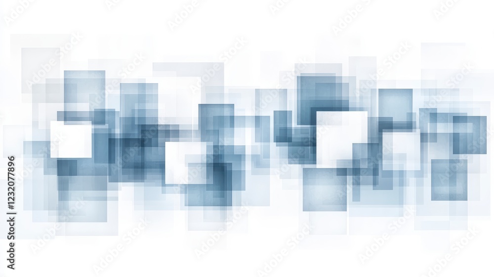 Abstract background with many overlapping translucent squares in shades of blue and white. The squares vary in size and opacity, creating a sense of Abstract background with many overlapping translucent squares in shades of blue and white. The squares vary in size and opacity, creating a sense of