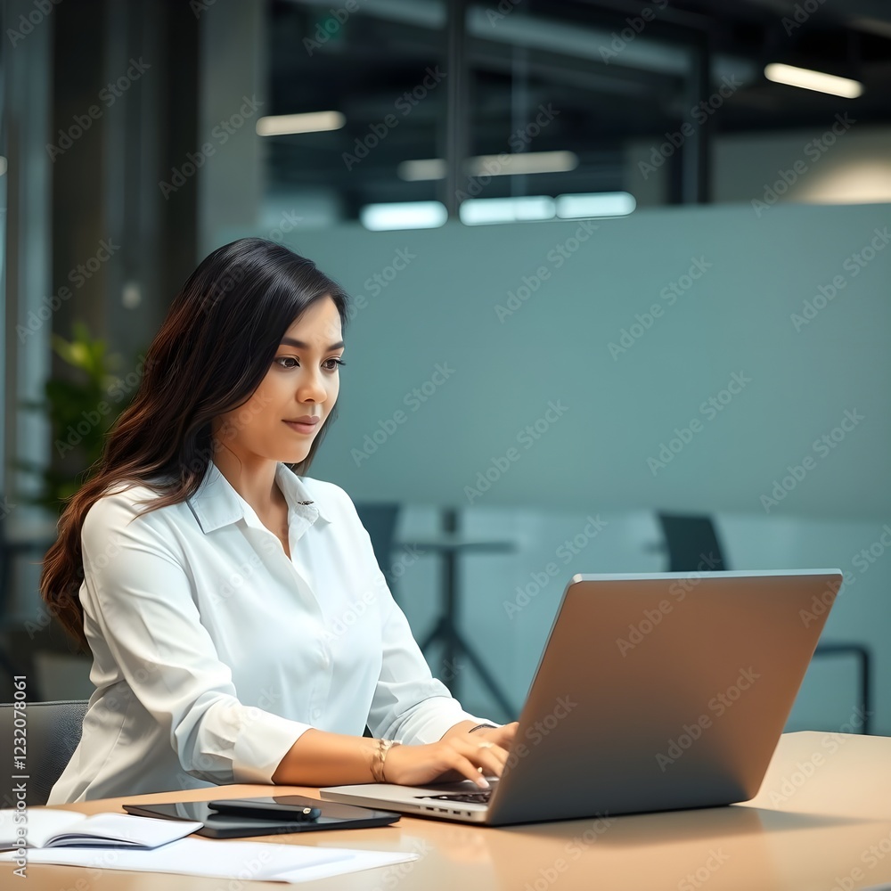 Ejecutiva hispana trabajando con una computadora portátil en la oficina. Ejecutiva hispana trabajando con una computadora portátil en la oficina.