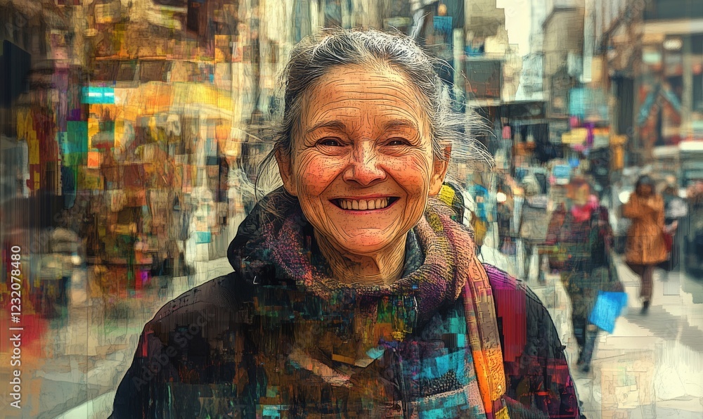 Smiling elderly woman in vibrant urban setting, showcasing joy and warmth amidst city life, colorful background, street scene, candid portrait Smiling elderly woman in vibrant urban setting, showcasing joy and warmth amidst city life, colorful background, street scene, candid portrait