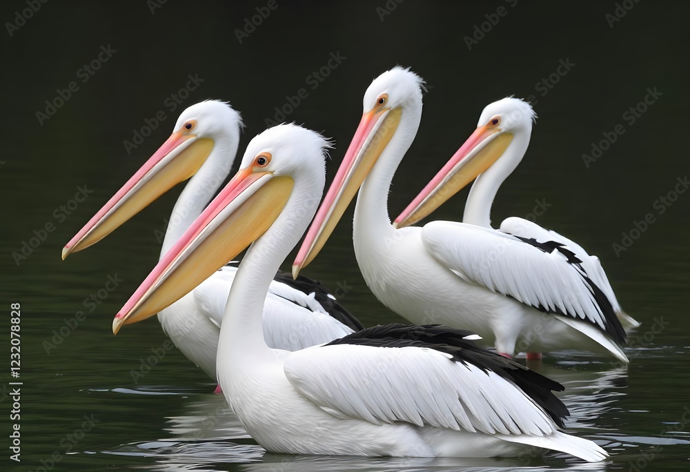 Elegant White Pelicans: A Serene Aquatic Quartet in Dark Water Elegant White Pelicans: A Serene Aquatic Quartet in Dark Water