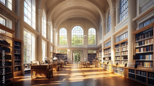 Sunlit grand library interior, bookshelves, peaceful study