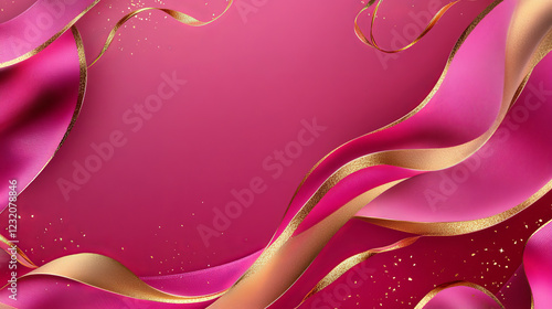 3d pink gold ribbon for cosmetic luxury banner background. Elegant beauty curve with golden line decoration on minimal backdrop template for wedding celebration. Romance Valentine sweet gradient