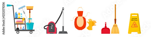 Cleaning equipment. Housekeeping and housework tools isolated on transparent background. Flat vector illustrations set.