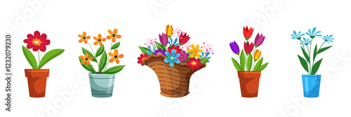 Flower bouquets in wrapping and blooming plant in clay or plastic flowerpots, wicker basket set. Tulip, rose and bud composition. Decorative florist shop items. Flat vector illustration.