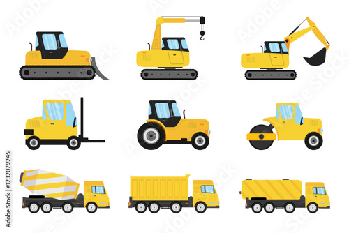 Heavy vehicles. Transportation machinery equipment. Construction vehicles. Excavator, crane, bulldozer. Road roller, tractor, forklift. Fuel tanker, dump truck, concrete mixer. Vector illustration set