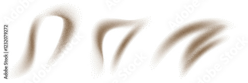 Sand powder splashes. Flying coffee or chocolate powder. Brown dust particles in motion isolated on transparent background. Abstract vector illustration set