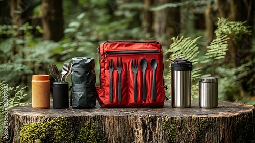 Red Camping Backpack with Cutlery and Tumblers for Outdoor Adventures