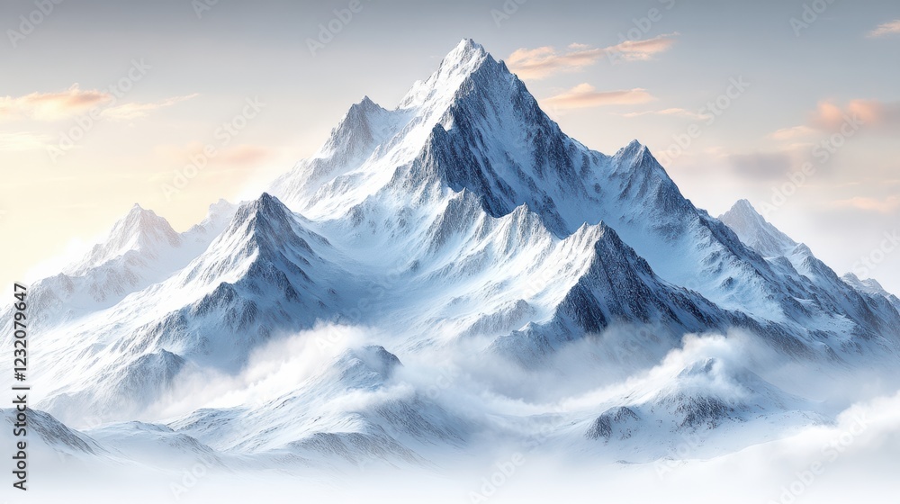 Majestic snow-covered mountains loom against a serene sky, embodying the tranquility of nature and evoking a sense of adventure and exploration.