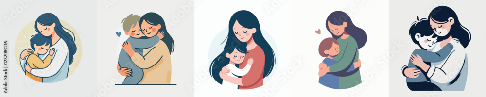 vector set of a child hugging his mother vector set of a child hugging his mother