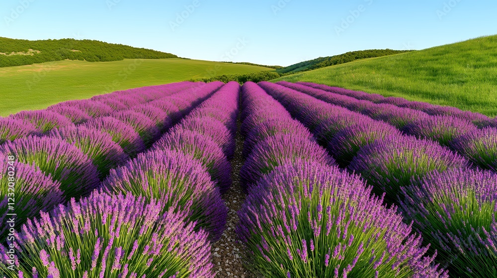 Obraz premium Tranquil Lavender Fields Under a Bright Summer Sky A Serene Countryside Landscape