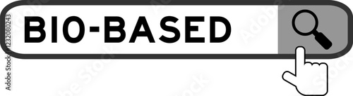 Search banner in word bio-based with hand over magnifier icon on white background
