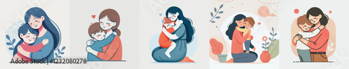 vector set of a child hugging his mother