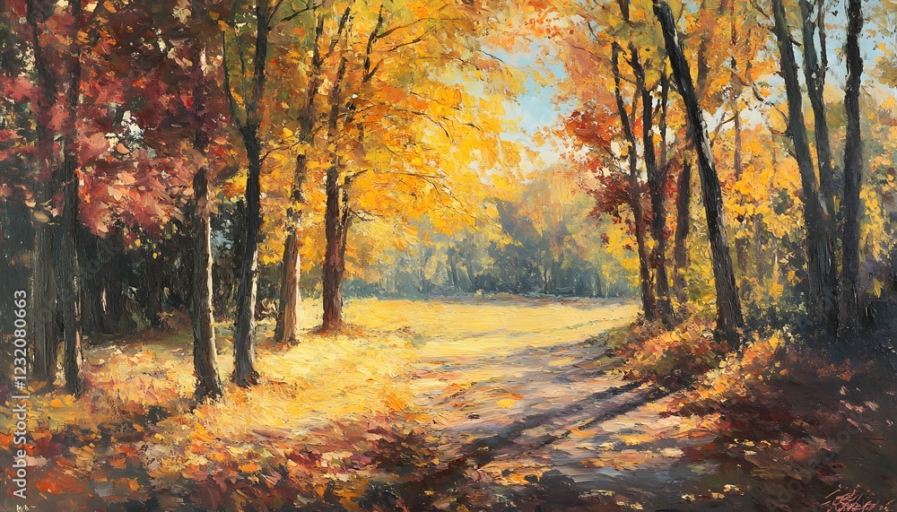 Naklejka premium Autumn Pathway Through Golden Woods Landscape