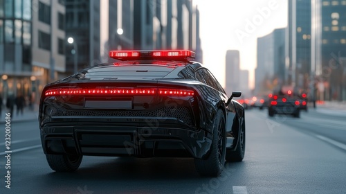 Futuristic Self-Driving Police Vehicle Patrolling Urban Streets photo