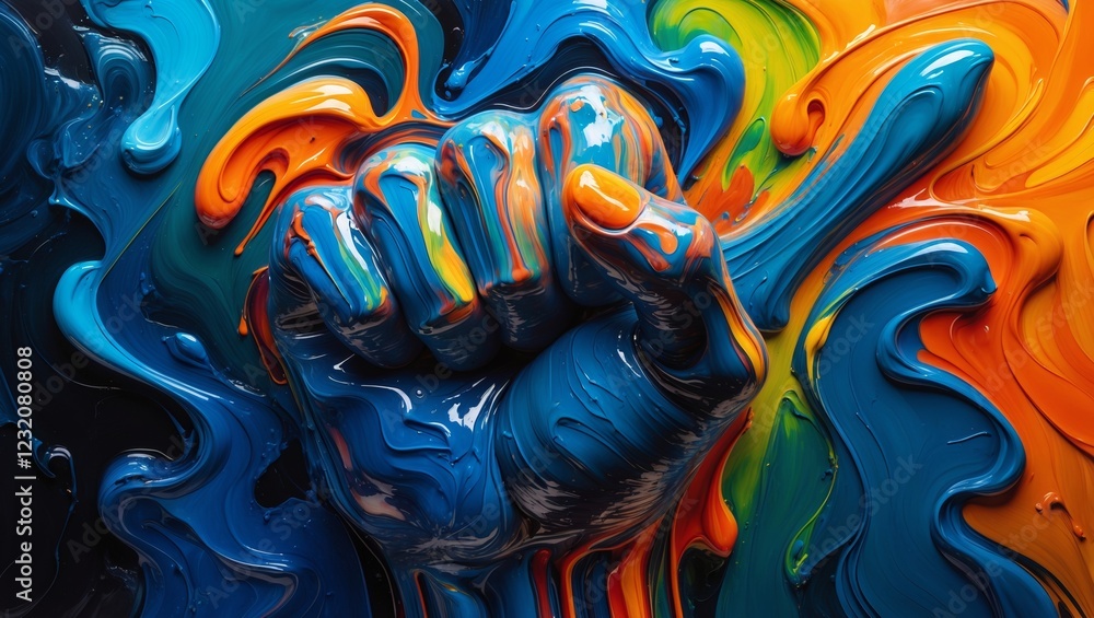 Naklejka premium Dynamic confrontation abstract oil painting of a raised fist