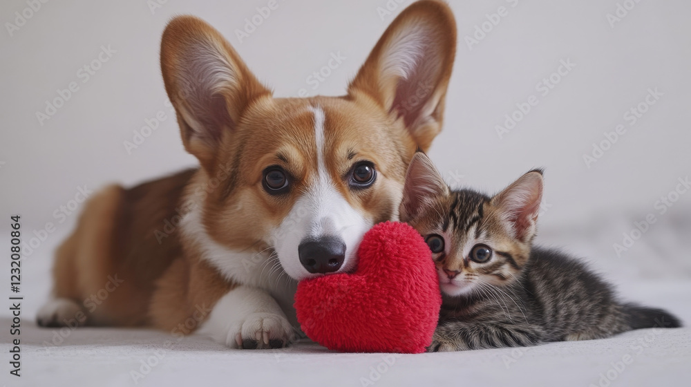 A corgi and a kitten are together. There is a red love in front of them A corgi and a kitten are together. There is a red love in front of them