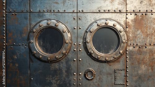 Metal door on wall with portholes and rivets, submarine or bunker close entrance. Ship or secret laboratory steel bulletproof doorway with illuminator and rotary valve lock wheel realistic 3d vector