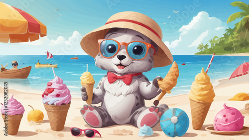 
Cute animal characters relaxing and sunbathing on the beach, enjoying water sports, eating ice cream and greeting summer time leisure activities. Happy creature mascot on holiday vector illustration