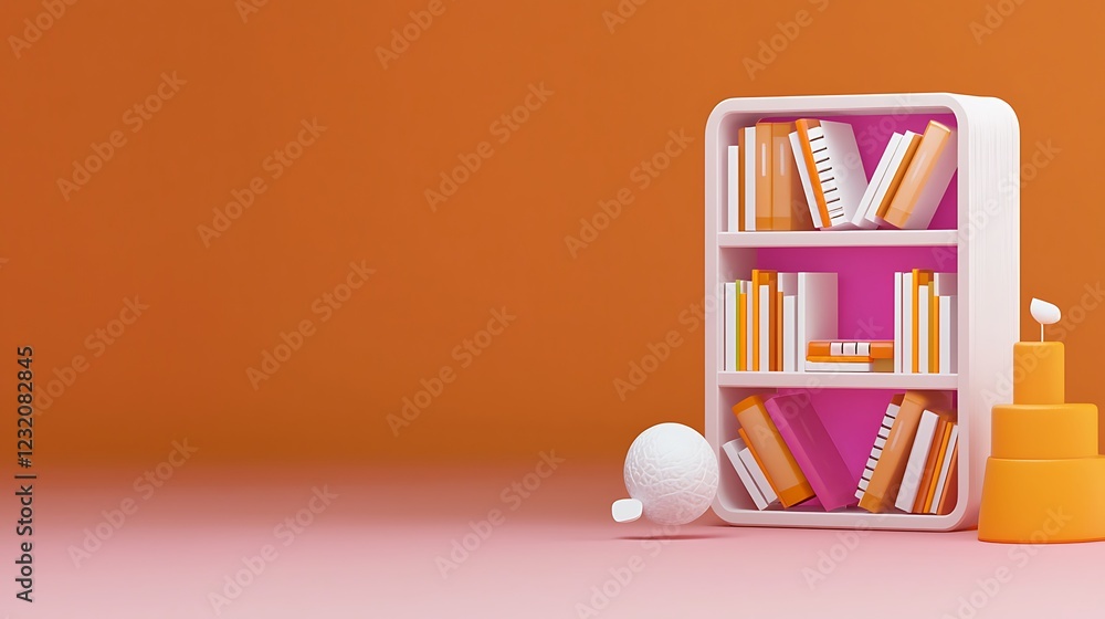 Stylized bookshelf with orange and pink books, minimalist 3D render Stylized bookshelf with orange and pink books, minimalist 3D render