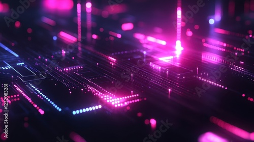 Abstract digital landscape with glowing pink and blue lines  dots  and bokeh lights on a dark background. Intricate network pattern with depth and
