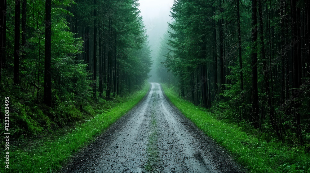 Fototapeta premium Serene Forest Road with Soft Light Filtering Through Green Trees