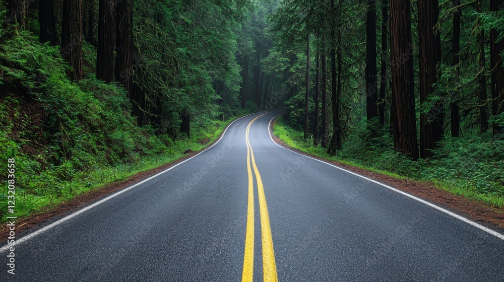 Serene Road Through Dense Forest with Soft Light Filtering In Serene Road Through Dense Forest with Soft Light Filtering In