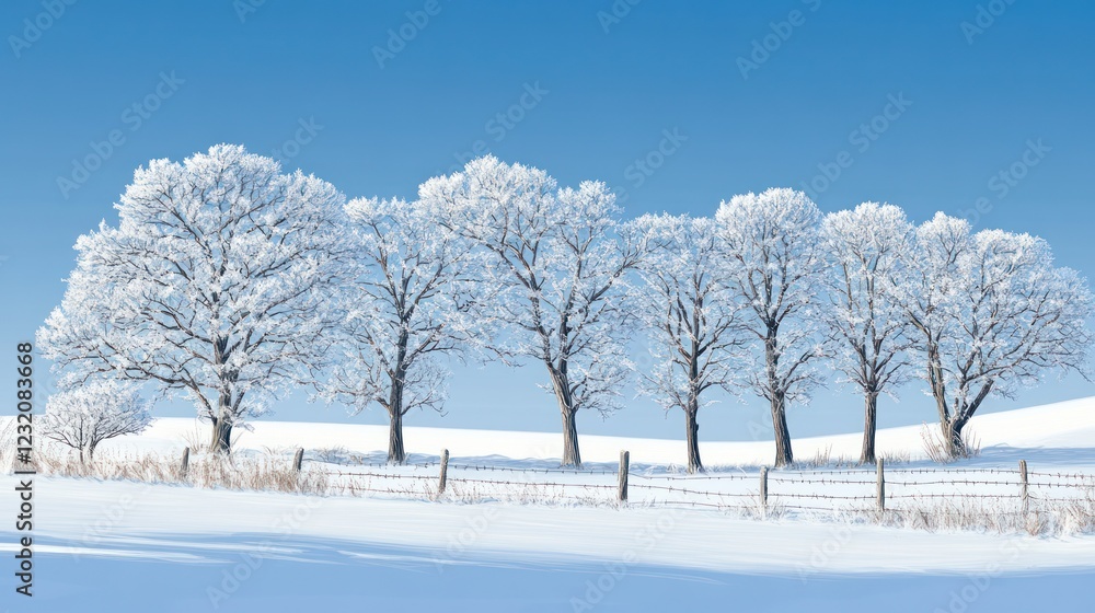 Frosty winter trees line snowy field, clear blue sky. Winter landscape for seasonal greetings Frosty winter trees line snowy field, clear blue sky. Winter landscape for seasonal greetings