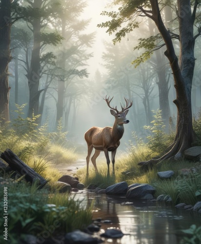 Ethereal watercolor depiction of a deer exploring the wilderness, wildlife, exploring, impressionist