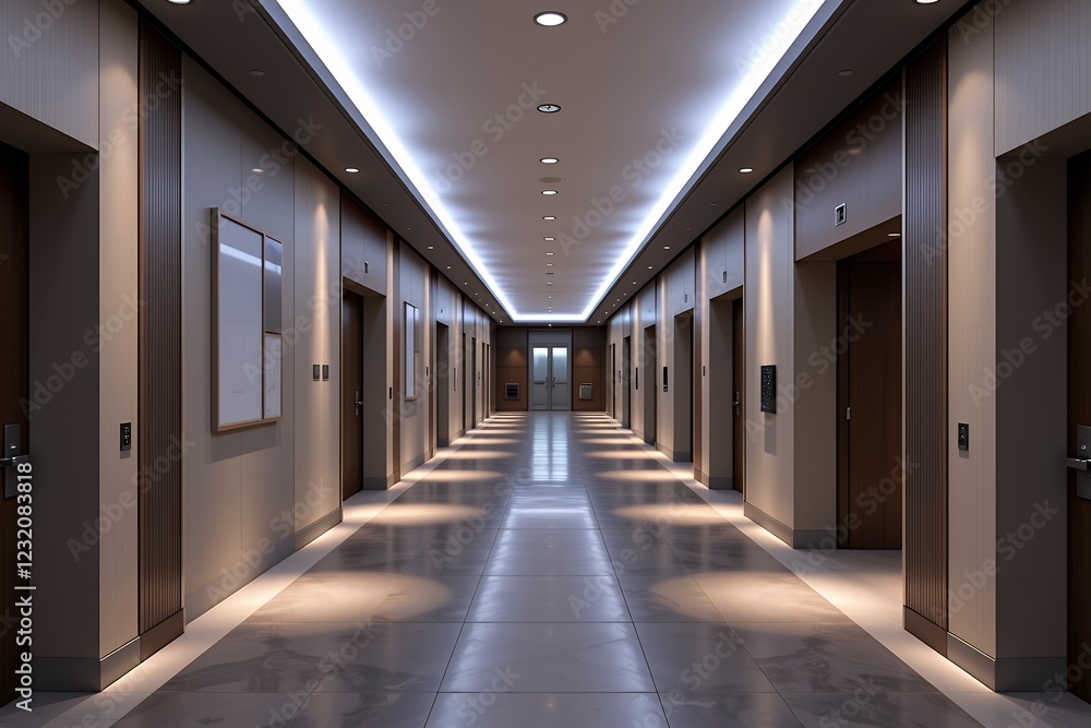 Modern Office Building Corridor with Elegant Lighting and Elevator Doors Modern Office Building Corridor with Elegant Lighting and Elevator Doors